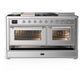 ILVE Majestic III 60-Inch Dual Fuel Range with 7 Sealed Burners + Griddle + French Top, 5.8 cu. ft. Oven, Stainless Steel with Chrome Trim, Natural Gas, Triple Glass Door, UM60FSNR3SSC