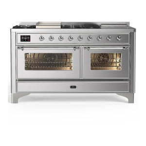 ILVE Majestic III 60-Inch Dual Fuel Range with 7 Sealed Burners + Griddle + French Top, 5.8 cu. ft. Oven, Stainless Steel with Chrome Trim, Natural Gas, Triple Glass Door, UM60FSNR3SSC