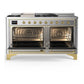 ILVE Majestic III 60-Inch Dual Fuel Range with 7 Sealed Burners + Griddle + French Top, 5.8 cu. ft. Oven, Stainless Steel with Brass Trim, Liquid Propane, Triple Glass Door, UM60FSNR3SSGLP