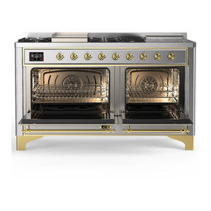 ILVE Majestic III 60-Inch Dual Fuel Range with 7 Sealed Burners + Griddle + French Top, 5.8 cu. ft. Oven, Stainless Steel with Brass Trim, Liquid Propane, Triple Glass Door, UM60FSNR3SSGLP