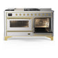 ILVE Majestic III 60-Inch Dual Fuel Range with 7 Sealed Burners + Griddle + French Top, 5.8 cu. ft. Oven, Stainless Steel with Brass Trim, Liquid Propane, Triple Glass Door, UM60FSNR3SSGLP