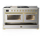 ILVE Majestic III 60-Inch Dual Fuel Range with 7 Sealed Burners + Griddle + French Top, 5.8 cu. ft. Oven, Stainless Steel with Brass Trim, Natural Gas, Triple Glass Door, UM60FSNR3SSG