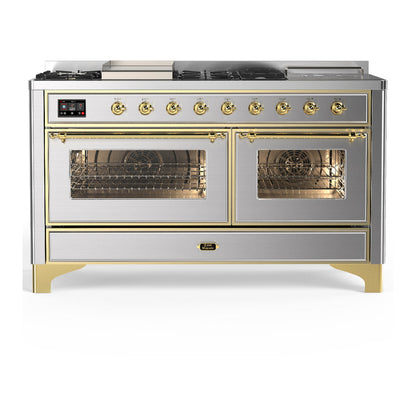 ILVE Majestic III 60-Inch Dual Fuel Range with 7 Sealed Burners + Griddle + French Top, 5.8 cu. ft. Oven, Stainless Steel with Brass Trim, Natural Gas, Triple Glass Door, UM60FSNR3SSG