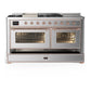 ILVE Majestic III 60-Inch Dual Fuel Range with 7 Sealed Burners + Griddle + French Top, 5.8 cu. ft. Oven, Stainless Steel with Copper Trim, Liquid Propane, Triple Glass Door, UM60FSNR3SSPLP
