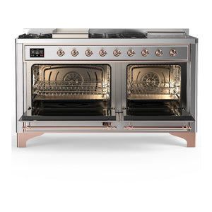 ILVE Majestic III 60-Inch Dual Fuel Range with 7 Sealed Burners + Griddle + French Top, 5.8 cu. ft. Oven, Stainless Steel with Copper Trim, Natural Gas, Triple Glass Door, UM60FSNR3SSP