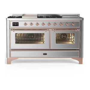 ILVE Majestic III 60-Inch Dual Fuel Range with 7 Sealed Burners + Griddle + French Top, 5.8 cu. ft. Oven, Stainless Steel with Copper Trim, Natural Gas, Triple Glass Door, UM60FSNR3SSP