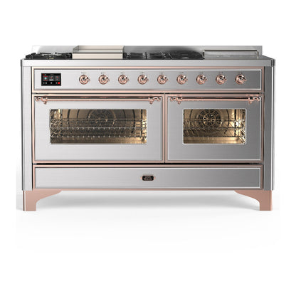 ILVE Majestic III 60-Inch Dual Fuel Range with 7 Sealed Burners + Griddle + French Top, 5.8 cu. ft. Oven, Stainless Steel with Copper Trim, Natural Gas, Triple Glass Door, UM60FSNR3SSP