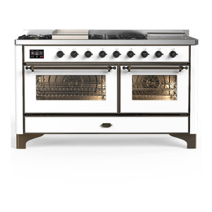 ILVE Majestic III 60-Inch Dual Fuel Range with 7 Sealed Burners + Griddle + French Top, 5.8 cu. ft. Oven, White with Burnished Trim, Natural Gas, Triple Glass Door, UM60FSNR3WHB
