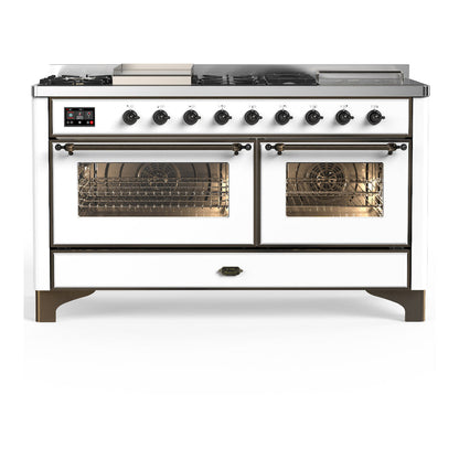 ILVE Majestic III 60-Inch Dual Fuel Range with 7 Sealed Burners + Griddle + French Top, 5.8 cu. ft. Oven, White with Burnished Trim, Natural Gas, Triple Glass Door, UM60FSNR3WHB