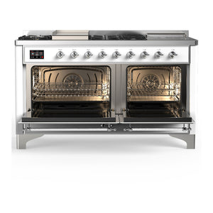ILVE Majestic III 60-Inch Dual Fuel Range with 7 Sealed Burners + Griddle + French Top, 5.8 cu. ft. Oven, White with Chrome Trim, Liquid Propane, Triple Glass Door, UM60FSNR3WHCLP