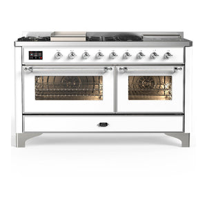 ILVE Majestic III 60-Inch Dual Fuel Range with 7 Sealed Burners + Griddle + French Top, 5.8 cu. ft. Oven, White with Chrome Trim, Liquid Propane, Triple Glass Door, UM60FSNR3WHCLP