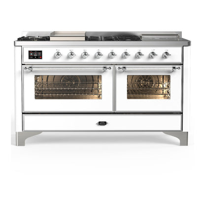 ILVE Majestic III 60-Inch Dual Fuel Range with 7 Sealed Burners + Griddle + French Top, 5.8 cu. ft. Oven, White with Chrome Trim, Liquid Propane, Triple Glass Door, UM60FSNR3WHCLP