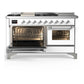 ILVE Majestic III 60-Inch Dual Fuel Range with 7 Sealed Burners + Griddle + French Top, 5.8 cu. ft. Oven, White with Chrome Trim, Natural Gas, Triple Glass Door, UM60FSNR3WHC