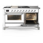 ILVE Majestic III 60-Inch Dual Fuel Range with 7 Sealed Burners + Griddle + French Top, 5.8 cu. ft. Oven, White with Chrome Trim, Natural Gas, Triple Glass Door, UM60FSNR3WHC