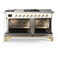 ILVE Majestic III 60-Inch Dual Fuel Range with 7 Sealed Burners + Griddle + French Top, 5.8 cu. ft. Oven, White with Brass Trim, Liquid Propane, Triple Glass Door, UM60FSNR3WHGLP