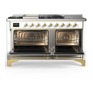 ILVE Majestic III 60-Inch Dual Fuel Range with 7 Sealed Burners + Griddle + French Top, 5.8 cu. ft. Oven, White with Brass Trim, Liquid Propane, Triple Glass Door, UM60FSNR3WHGLP
