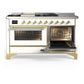 ILVE Majestic III 60-Inch Dual Fuel Range with 7 Sealed Burners + Griddle + French Top, 5.8 cu. ft. Oven, White with Brass Trim, Natural Gas, Triple Glass Door, UM60FSNR3WHG