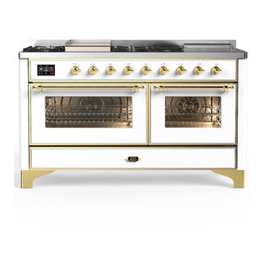 ILVE Majestic III 60-Inch Dual Fuel Range with 7 Sealed Burners + Griddle + French Top, 5.8 cu. ft. Oven, White with Brass Trim, Natural Gas, Triple Glass Door, UM60FSNR3WHG