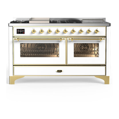 ILVE Majestic III 60-Inch Dual Fuel Range with 7 Sealed Burners + Griddle + French Top, 5.8 cu. ft. Oven, White with Brass Trim, Natural Gas, Triple Glass Door, UM60FSNR3WHG