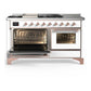 ILVE Majestic III 60-Inch Dual Fuel Range with 7 Sealed Burners + Griddle + French Top, 5.8 cu. ft. Oven, White with Copper Trim, Liquid Propane, Triple Glass Door, UM60FSNR3WHPLP