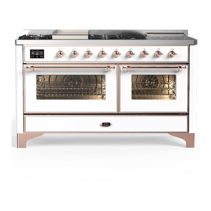 ILVE Majestic III 60-Inch Dual Fuel Range with 7 Sealed Burners + Griddle + French Top, 5.8 cu. ft. Oven, White with Copper Trim, Liquid Propane, Triple Glass Door, UM60FSNR3WHPLP
