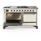 ILVE Majestic III 60-Inch Dual Fuel Range with 7 Sealed Burners + Griddle + French Top, 5.8 cu. ft. Oven, Antique White with Burnished Trim, Liquid Propane, Solid Door, UM60FSQNR3AWBLP
