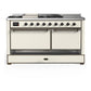 ILVE Majestic III 60-Inch Dual Fuel Range with 7 Sealed Burners + Griddle + French Top, 5.8 cu. ft. Oven, Antique White with Burnished Trim, Liquid Propane, Solid Door, UM60FSQNR3AWBLP
