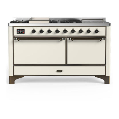 ILVE Majestic III 60-Inch Dual Fuel Range with 7 Sealed Burners + Griddle + French Top, 5.8 cu. ft. Oven, Antique White with Burnished Trim, Liquid Propane, Solid Door, UM60FSQNR3AWBLP