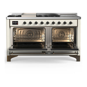 ILVE Majestic III 60-Inch Dual Fuel Range with 7 Sealed Burners + Griddle + French Top, 5.8 cu. ft. Oven, Antique White with Burnished Trim, Natural Gas, Solid Door, UM60FSQNR3AWB