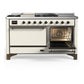 ILVE Majestic III 60-Inch Dual Fuel Range with 7 Sealed Burners + Griddle + French Top, 5.8 cu. ft. Oven, Antique White with Burnished Trim, Natural Gas, Solid Door, UM60FSQNR3AWB