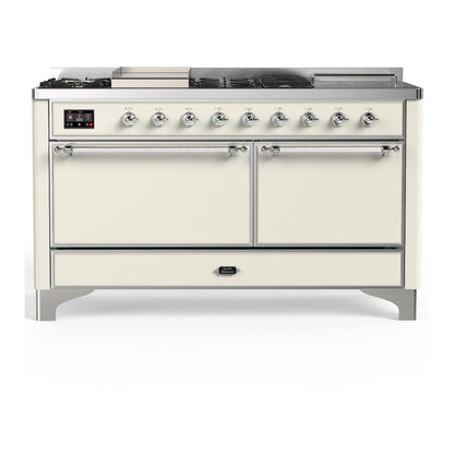 ILVE Majestic III 60-Inch Dual Fuel Range with 7 Sealed Burners + Griddle + French Top, 5.8 cu. ft. Oven, Antique White with Chrome Trim, Liquid Propane, Solid Door, UM60FSQNR3AWCLP