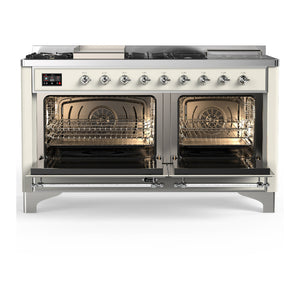 ILVE Majestic III 60-Inch Dual Fuel Range with 7 Sealed Burners + Griddle + French Top, 5.8 cu. ft. Oven, Antique White with Chrome Trim, Natural Gas, Solid Door, UM60FSQNR3AWC