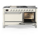 ILVE Majestic III 60-Inch Dual Fuel Range with 7 Sealed Burners + Griddle + French Top, 5.8 cu. ft. Oven, Antique White with Chrome Trim, Natural Gas, Solid Door, UM60FSQNR3AWC