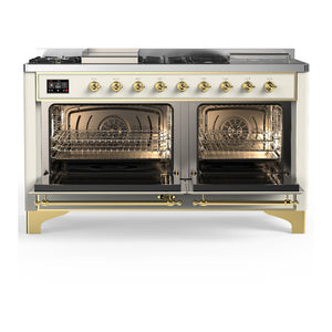 ILVE Majestic III 60-Inch Dual Fuel Range with 7 Sealed Burners + Griddle + French Top, 5.8 cu. ft. Oven, Antique White with Brass Trim, Liquid Propane, Solid Door, UM60FSQNR3AWGLP