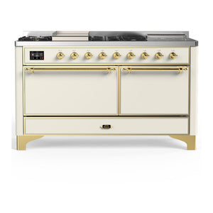 ILVE Majestic III 60-Inch Dual Fuel Range with 7 Sealed Burners + Griddle + French Top, 5.8 cu. ft. Oven, Antique White with Brass Trim, Liquid Propane, Solid Door, UM60FSQNR3AWGLP