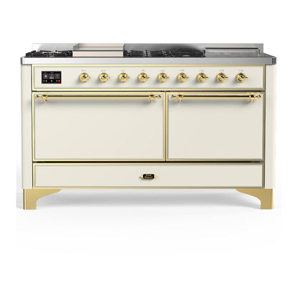 ILVE Majestic III 60-Inch Dual Fuel Range with 7 Sealed Burners + Griddle + French Top, 5.8 cu. ft. Oven, Antique White with Brass Trim, Liquid Propane, Solid Door, UM60FSQNR3AWGLP