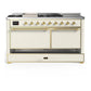 ILVE Majestic III 60-Inch Dual Fuel Range with 7 Sealed Burners + Griddle + French Top, 5.8 cu. ft. Oven, Antique White with Brass Trim, Natural Gas, Solid Door, UM60FSQNR3AWG