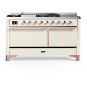 ILVE Majestic III 60-Inch Dual Fuel Range with 7 Sealed Burners + Griddle + French Top, 5.8 cu. ft. Oven, Antique White with Copper Trim, Liquid Propane, Solid Door, UM60FSQNR3AWPLP