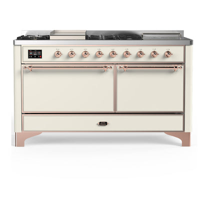 ILVE Majestic III 60-Inch Dual Fuel Range with 7 Sealed Burners + Griddle + French Top, 5.8 cu. ft. Oven, Antique White with Copper Trim, Liquid Propane, Solid Door, UM60FSQNR3AWPLP