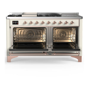 ILVE Majestic III 60-Inch Dual Fuel Range with 7 Sealed Burners + Griddle + French Top, 5.8 cu. ft. Oven, Antique White with Copper Trim, Natural Gas, Solid Door, UM60FSQNR3AWP