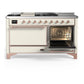 ILVE Majestic III 60-Inch Dual Fuel Range with 7 Sealed Burners + Griddle + French Top, 5.8 cu. ft. Oven, Antique White with Copper Trim, Natural Gas, Solid Door, UM60FSQNR3AWP