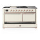 ILVE Majestic III 60-Inch Dual Fuel Range with 7 Sealed Burners + Griddle + French Top, 5.8 cu. ft. Oven, Antique White with Copper Trim, Natural Gas, Solid Door, UM60FSQNR3AWP