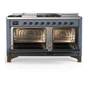ILVE Majestic III 60-Inch Dual Fuel Range with 7 Sealed Burners + Griddle + French Top, 5.8 cu. ft. Oven, Blue Grey with Burnished Trim, Natural Gas, Solid Door, UM60FSQNR3BGB