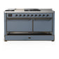 ILVE Majestic III 60-Inch Dual Fuel Range with 7 Sealed Burners + Griddle + French Top, 5.8 cu. ft. Oven, Blue Grey with Burnished Trim, Natural Gas, Solid Door, UM60FSQNR3BGB