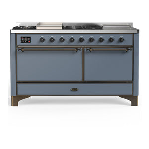 ILVE Majestic III 60-Inch Dual Fuel Range with 7 Sealed Burners + Griddle + French Top, 5.8 cu. ft. Oven, Blue Grey with Burnished Trim, Natural Gas, Solid Door, UM60FSQNR3BGB
