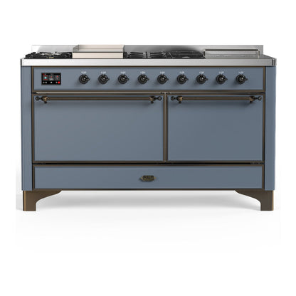 ILVE Majestic III 60-Inch Dual Fuel Range with 7 Sealed Burners + Griddle + French Top, 5.8 cu. ft. Oven, Blue Grey with Burnished Trim, Natural Gas, Solid Door, UM60FSQNR3BGB