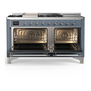 ILVE Majestic III 60-Inch Dual Fuel Range with 7 Sealed Burners + Griddle + French Top, 5.8 cu. ft. Oven, Blue Grey with Chrome Trim, Liquid Propane, Solid Door, UM60FSQNR3BGCLP
