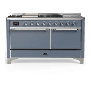 ILVE Majestic III 60-Inch Dual Fuel Range with 7 Sealed Burners + Griddle + French Top, 5.8 cu. ft. Oven, Blue Grey with Chrome Trim, Liquid Propane, Solid Door, UM60FSQNR3BGCLP