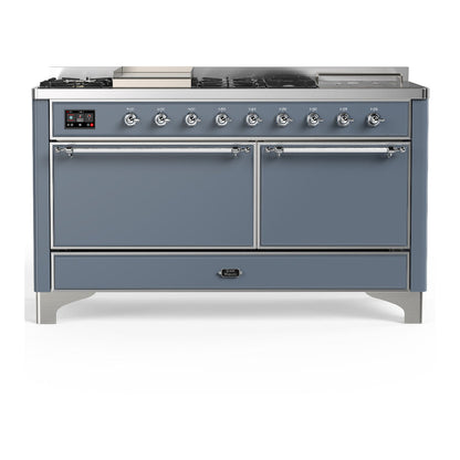 ILVE Majestic III 60-Inch Dual Fuel Range with 7 Sealed Burners + Griddle + French Top, 5.8 cu. ft. Oven, Blue Grey with Chrome Trim, Natural Gas, Solid Door, UM60FSQNR3BGC