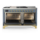 ILVE Majestic III 60-Inch Dual Fuel Range with 7 Sealed Burners + Griddle + French Top, 5.8 cu. ft. Oven, Blue Grey with Brass Trim, Liquid Propane, Solid Door, UM60FSQNR3BGGLP